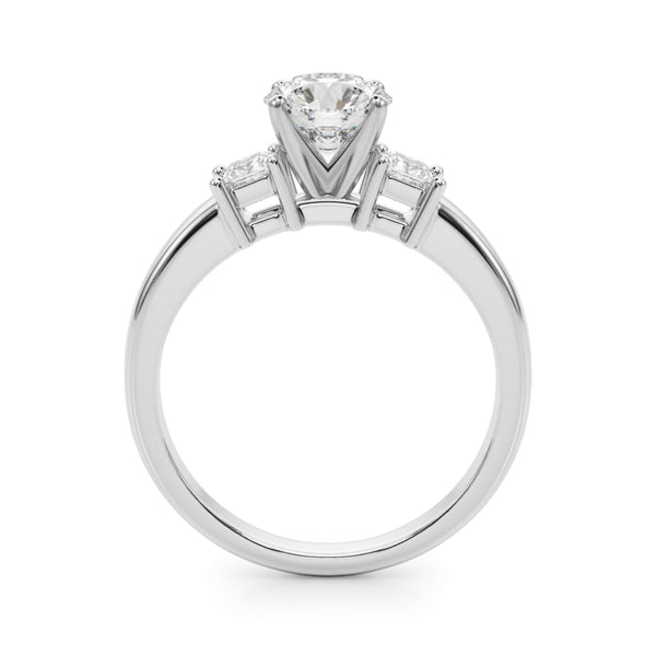 Classic Three Stone Engagment Ring with Round Diamond Center and Princess Cut Diamonds