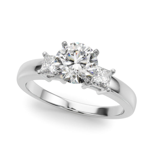 Classic Three Stone Engagment Ring with Round Diamond Center and Princess Cut Diamonds