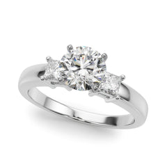 Classic Three Stone Engagment Ring with Round Diamond Center and Princess Cut Diamonds