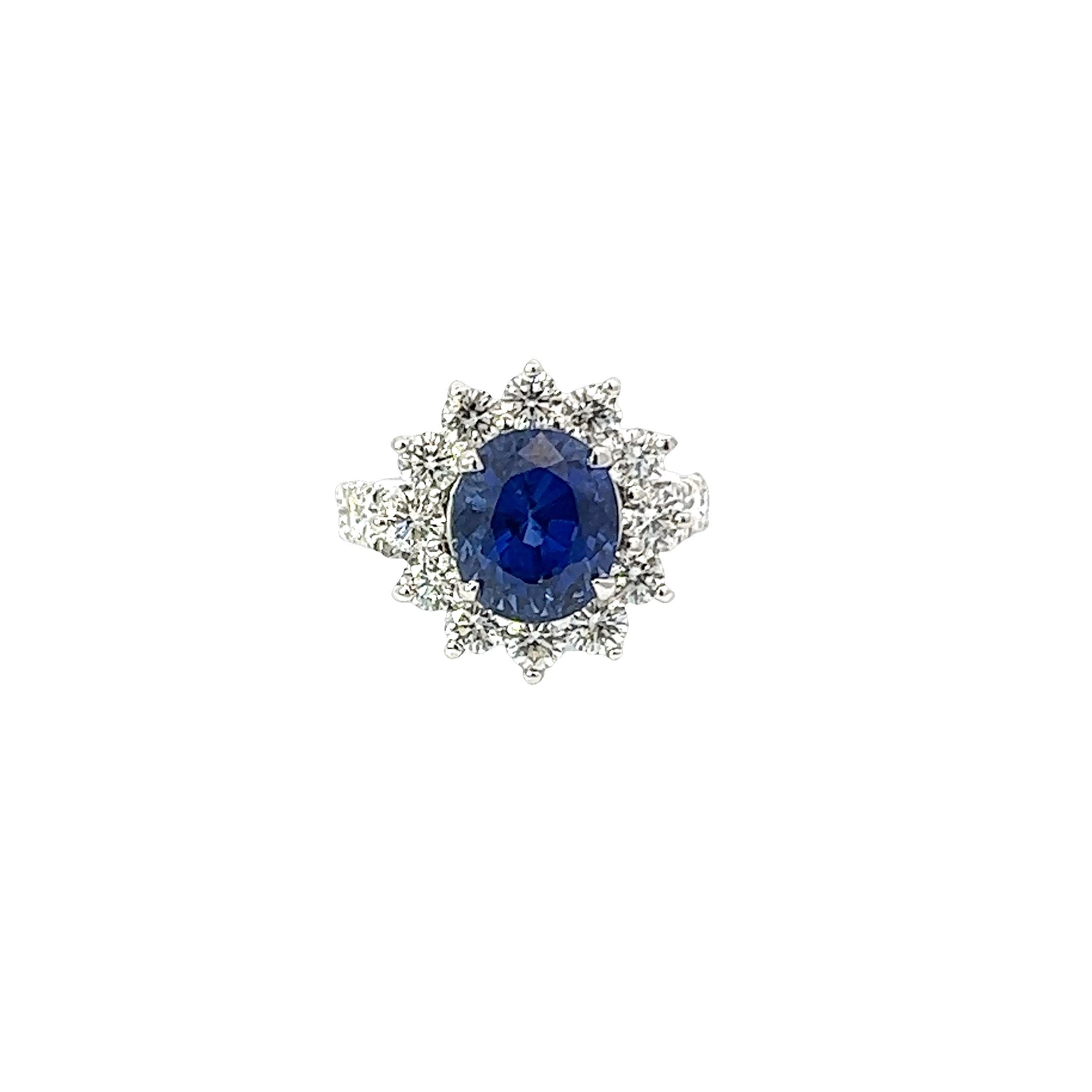 14K White Gold Oval Blue Sapphire Ring With Diamond