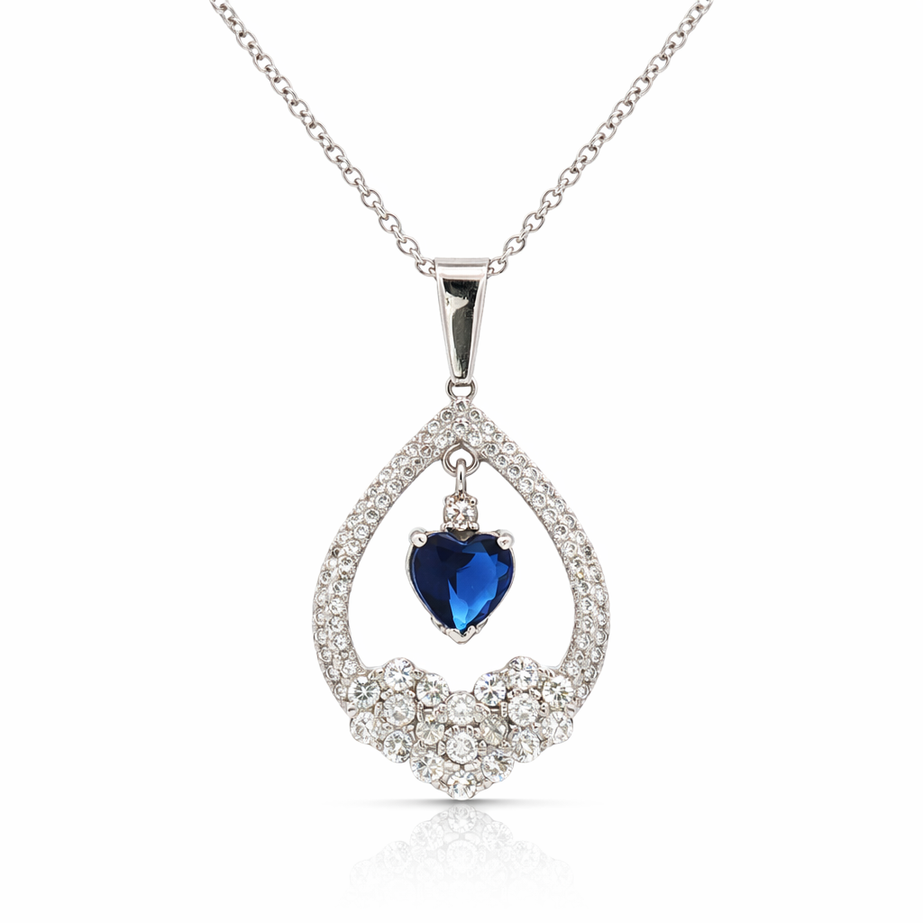 14K White Gold Sapphire Heart Diamond Pendant Necklace – Blue Sapphire & Diamonds