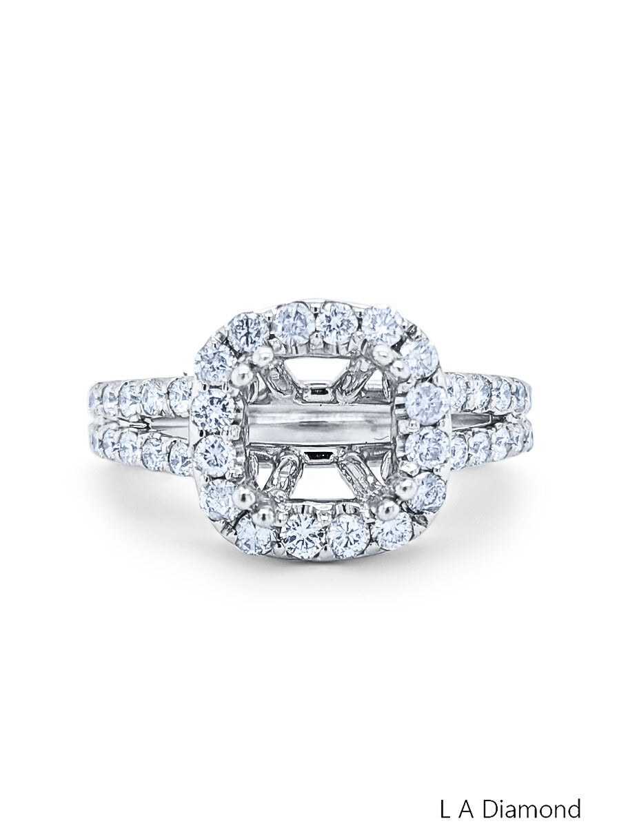 14k White Gold Diamond Halo Cushion Cut Semi Mount Engagement Ring 1.24c