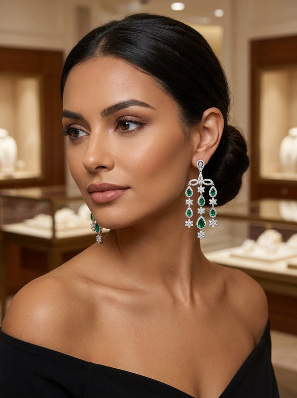 14K White Gold Diamond and Emerald Pear Cut Teardrop Earring (4.54 ct) - '52278 - LA DIAMOND