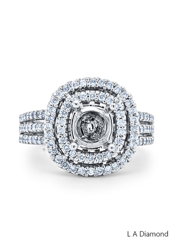 14K White Gold Diamond Double Halo Round Cut Semi-Mount Engagement Ring (1.78 ct) - LA DIAMOND