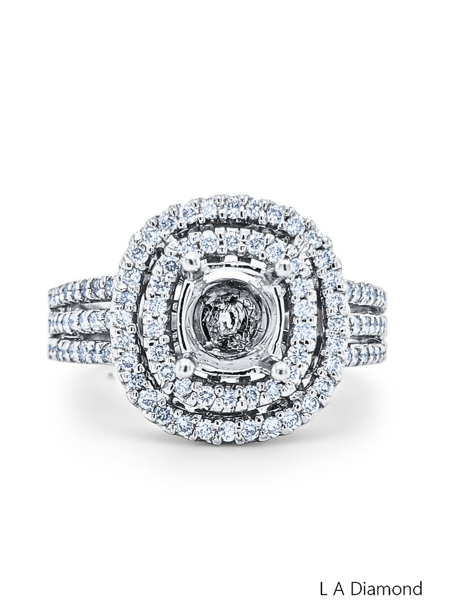 14k White Gold Diamond  Double Halo Round Cut Semi Mount Engagement Ring 1.78c