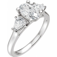 Oval Three-Stone Diamond Engagement Ring with Trillion Side Diamonds - Set on 14k Gold