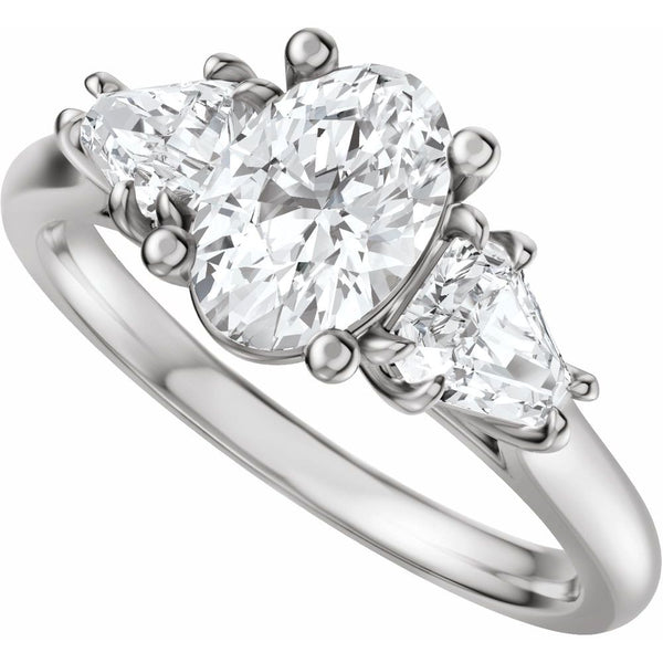 Oval Three-Stone Diamond Engagement Ring with Trillion Side Diamonds - Set on 14k Gold