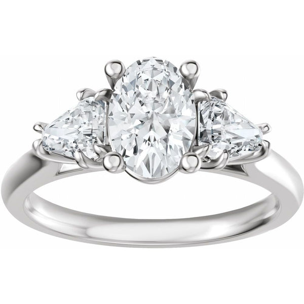 Oval Three-Stone Diamond Engagement Ring with Trillion Side Diamonds - Set on 14k Gold