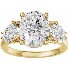 Three Stone Oval and Round Cut Diamond Engagement Ring - Set on 14k Gold