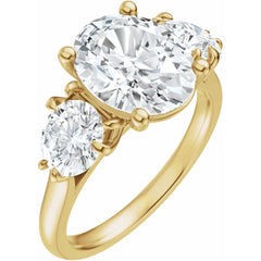Three Stone Oval and Round Cut Diamond Engagement Ring - Set on 14k Gold