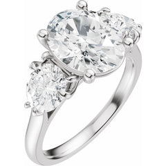 Three Stone Oval and Round Cut Diamond Engagement Ring - Set on 14k Gold