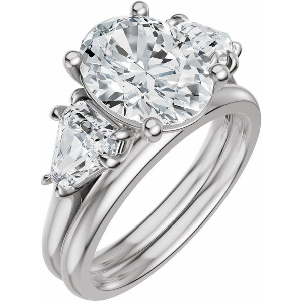 Oval Three-Stone Diamond Engagement Ring with Trillion Side Diamonds - Set on 14k Gold