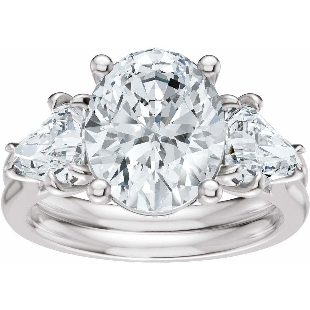 Oval Three-Stone Diamond Engagement Ring with Trillion Side Diamonds - Set on 14k Gold