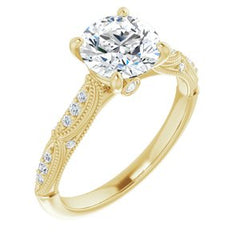 14K Solid Gold 7.5 mm Round Forever One™ Colorless Lab-Grown Moissanite & 1/10 CTW Natural Diamond Engagement Ring
