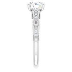 14K Solid Gold 7.5 mm Round Forever One™ Colorless Lab-Grown Moissanite & 1/10 CTW Natural Diamond Engagement Ring