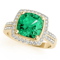 Cushion Cut Emerald Halo Diamond Engagement Ring with Diamond Accents Set on 14k Gold