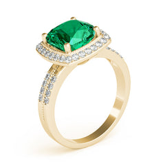 Cushion Cut Emerald Halo Diamond Engagement Ring with Diamond Accents Set on 14k Gold
