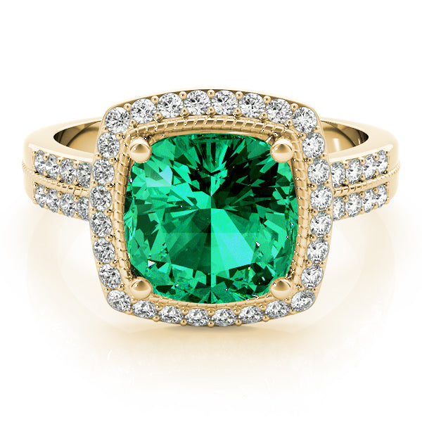 Cushion Cut Emerald Halo Diamond Engagement Ring with Diamond Accents Set on 14k Gold