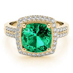 Cushion Cut Emerald Halo Diamond Engagement Ring with Diamond Accents Set on 14k Gold