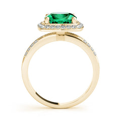 Cushion Cut Emerald Halo Diamond Engagement Ring with Diamond Accents Set on 14k Gold