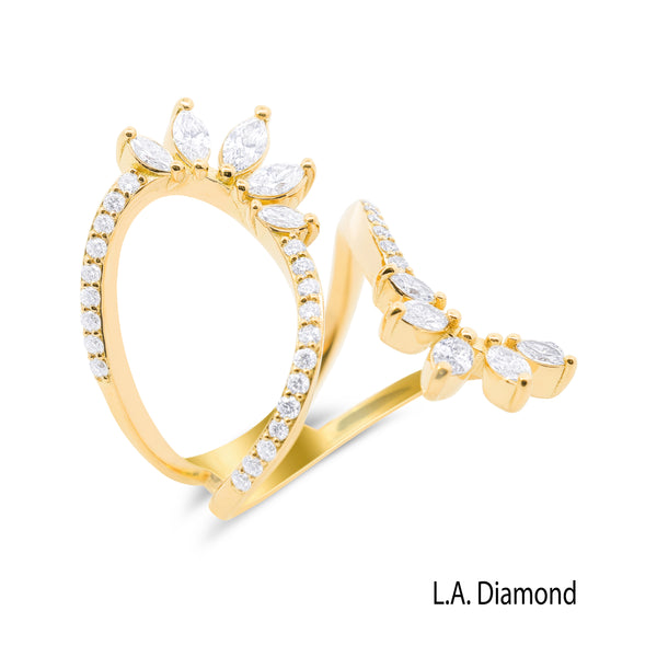 La Diamond Asymmetric Marquise and Round Diamond Curve Statement Ring in 14k Yellow Gold