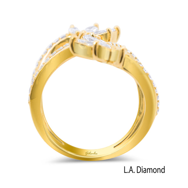 La Diamond Asymmetric Marquise and Round Diamond Curve Statement Ring in 14k Yellow Gold