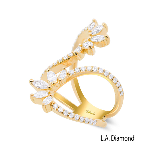 La Diamond Asymmetric Marquise and Round Diamond Curve Statement Ring in 14k Yellow Gold
