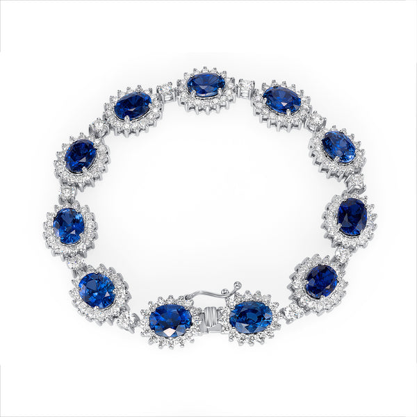 14K White Gold Oval Sapphire & Diamond Cluster Bracelet (13.50 ct)