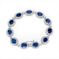 14K White Gold Oval Sapphire & Diamond Cluster Bracelet (13.50 ct)