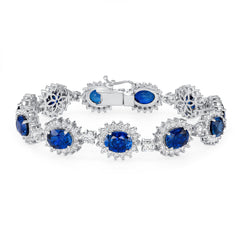 14K White Gold Oval Sapphire & Diamond Cluster Bracelet (13.50 ct)