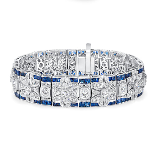 14K White Gold Filigree Sapphire and Diamond Wide Link Bracelet (12.50 ct) - BC66