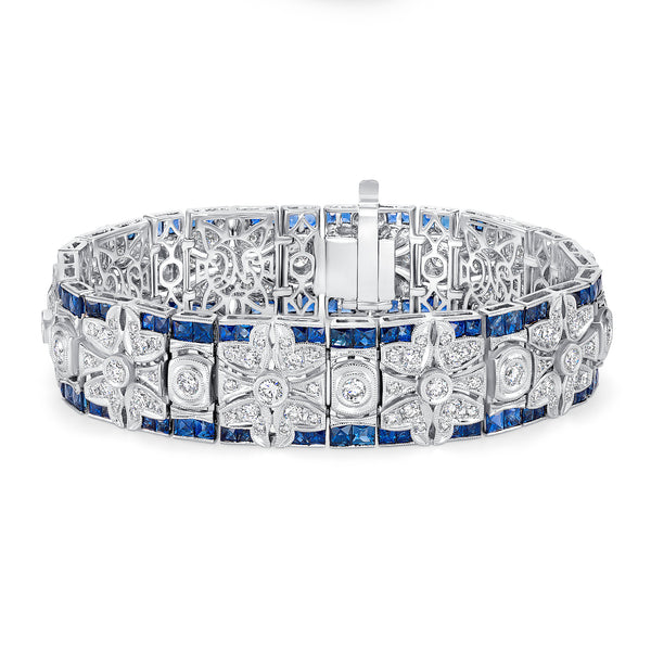 14K White Gold Diamond & Sapphire Floral Link Bracelet (12.50 ct)
