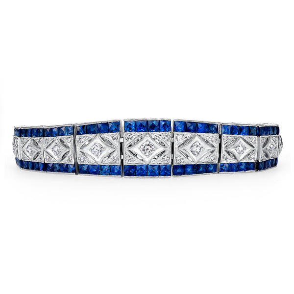 18K White Gold Diamond & Sapphire Vintage Bracelet (10.00 ct) - LA DIAMOND