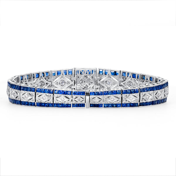 18K White Gold Diamond & Sapphire Vintage Bracelet (10.00 ct) - LA DIAMOND
