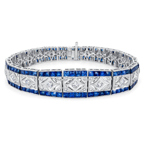 18K White Gold Diamond & Sapphire Vintage Bracelet (10.00 ct) - LA DIAMOND