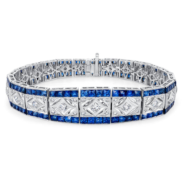 18K White Gold Diamond & Sapphire Vintage Bracelet (10.00 ct) - LA DIAMOND