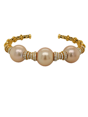 Yellow Gold Diamond South Sea Pearl Open Bangle Bracelet
