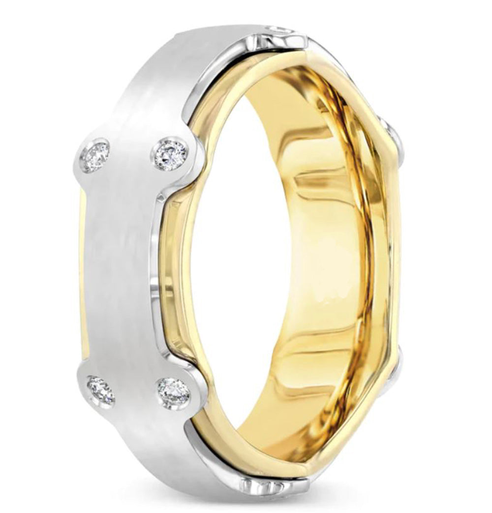 New Men's Wedding Band Collection 14K Two Tone Yellow Gold and White Gold Wedding Band, 12pcs White Diamond .22 Total Carat Weight