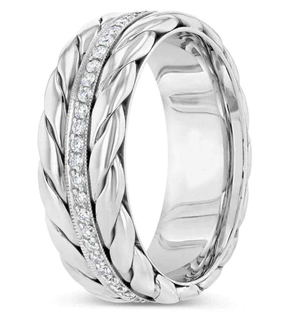 New Men's Wedding Band Collection 14k White Gold Wedding Band 7.7mm .50 Total Carat Weight Round Diamond
