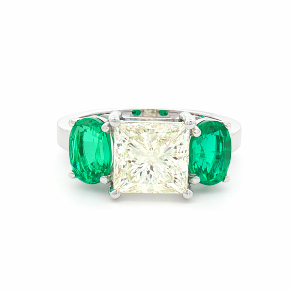 14K White Gold Three-Stone Ring with Princess Cut Diamond & Oval Emeralds | 2.76 CT E Color Diamond - LA DIAMOND