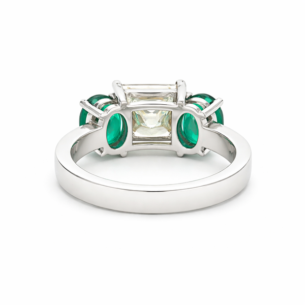 14K White Gold Three-Stone Ring with Princess Cut Diamond & Oval Emeralds | 2.76 CT E Color Diamond - LA DIAMOND