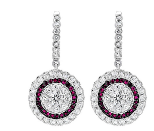 14K White Gold Diamond and Ruby Halo Drop Earrings (1.73 ct T.W.) - LA DIAMOND