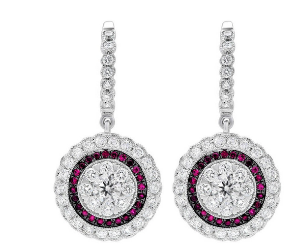 14K White Gold Diamond and Ruby Halo Drop Earrings (1.73 ct T.W.) - LA DIAMOND