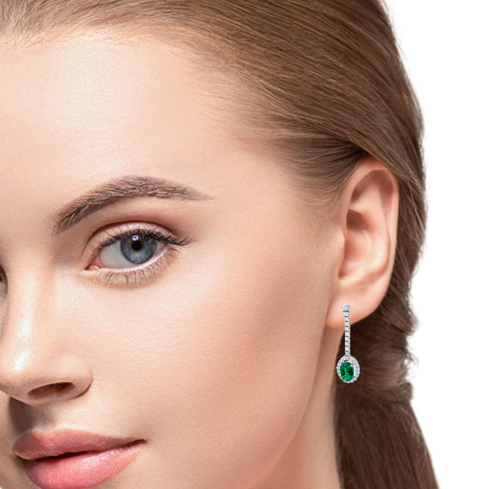 14k White Gold Diamond Oval Cut Drop Earring With Emerald 1c - LA DIAMOND