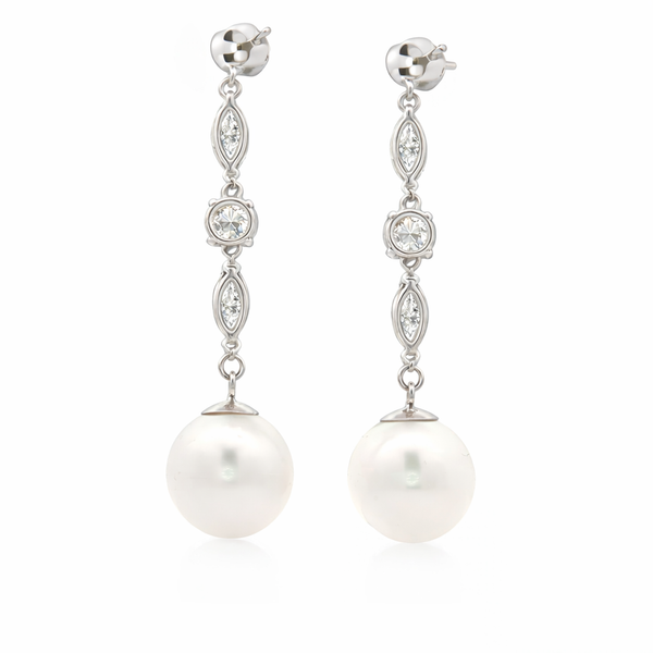 14K White Gold Diamond & Pearl Drop Earrings with Round and Marquise Diamonds | Elegant Dangle Design - LA DIAMOND