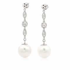 14K White Gold Diamond & Pearl Drop Earrings with Round and Marquise Diamonds | Elegant Dangle Design