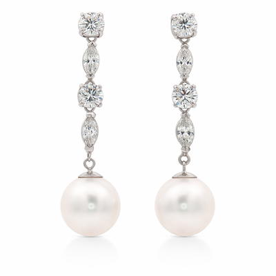 14K White Gold Diamond & Pearl Drop Earrings with Round and Marquise Diamonds | Elegant Dangle Design