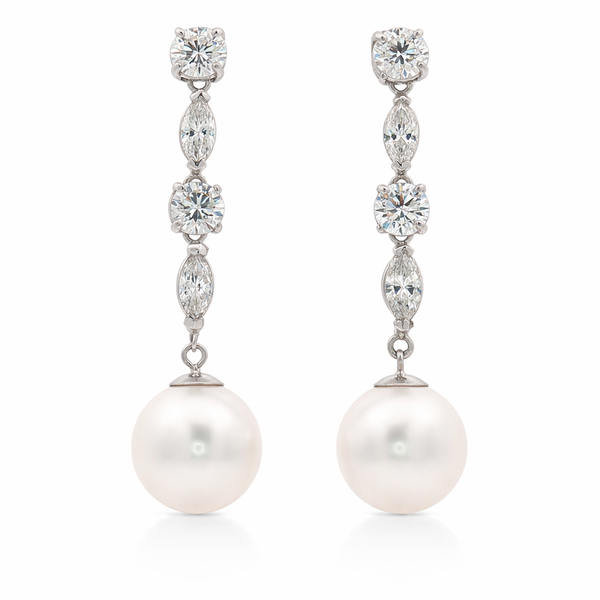 14K White Gold Diamond & Pearl Drop Earrings with Round and Marquise Diamonds | Elegant Dangle Design - LA DIAMOND