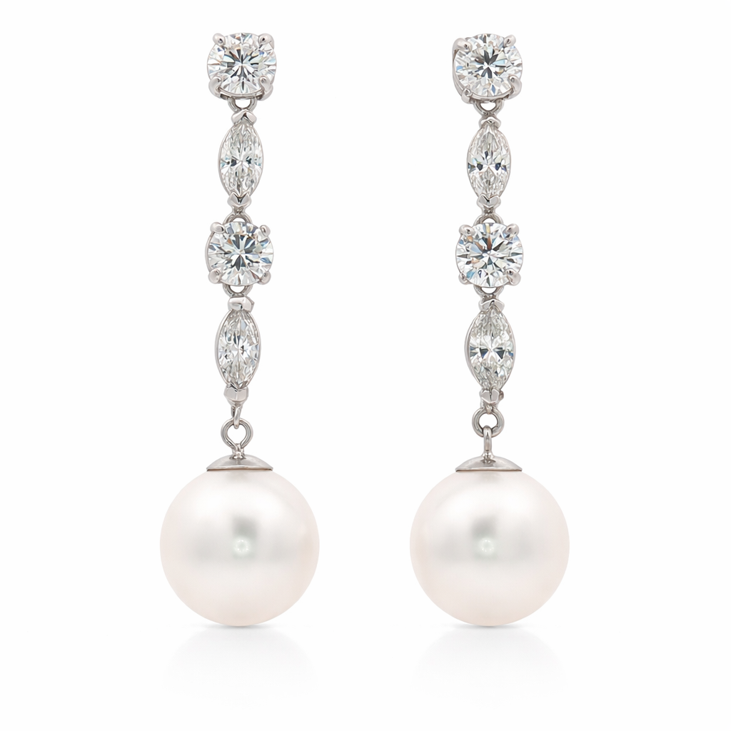 14K White Gold Diamond & Pearl Drop Earrings with Round and Marquise Diamonds | Elegant Dangle Design