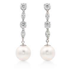 14K White Gold Diamond & Pearl Drop Earrings with Round and Marquise Diamonds | Elegant Dangle Design